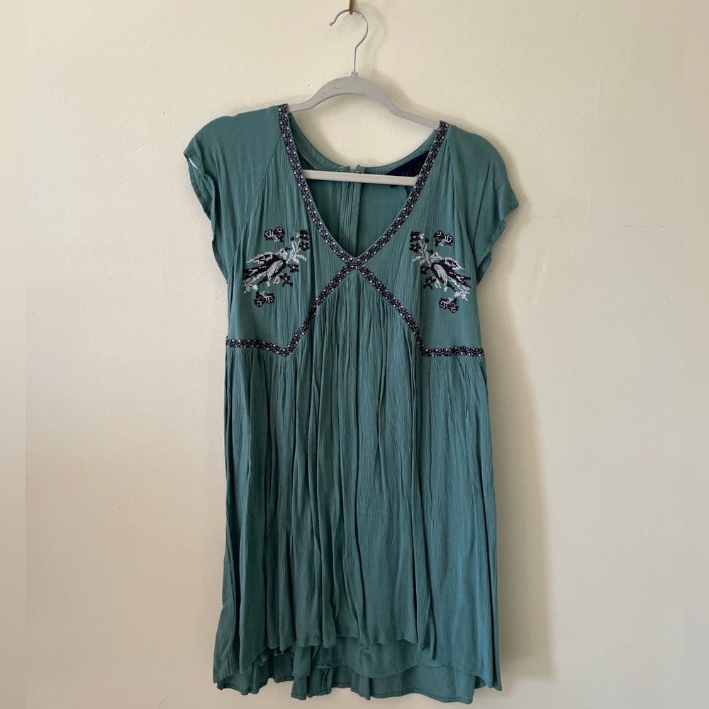 Blue Rain Teal V-Neck Embroidered Dress